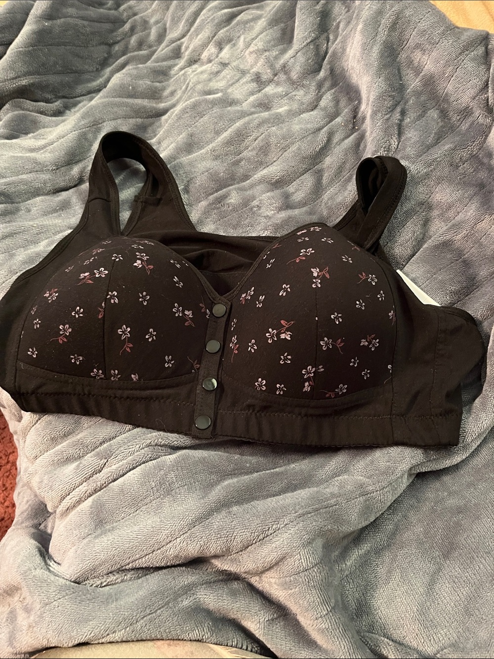 Black Floral Front-Closure Comfort Bra with Light Pink Accents